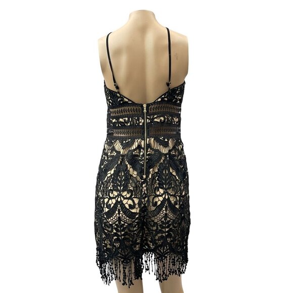 Saylor Black Guipure Lace Fringe Hem Spaghetti Strap Deep V-Neck Midi Dress S - Picture 2 of 11